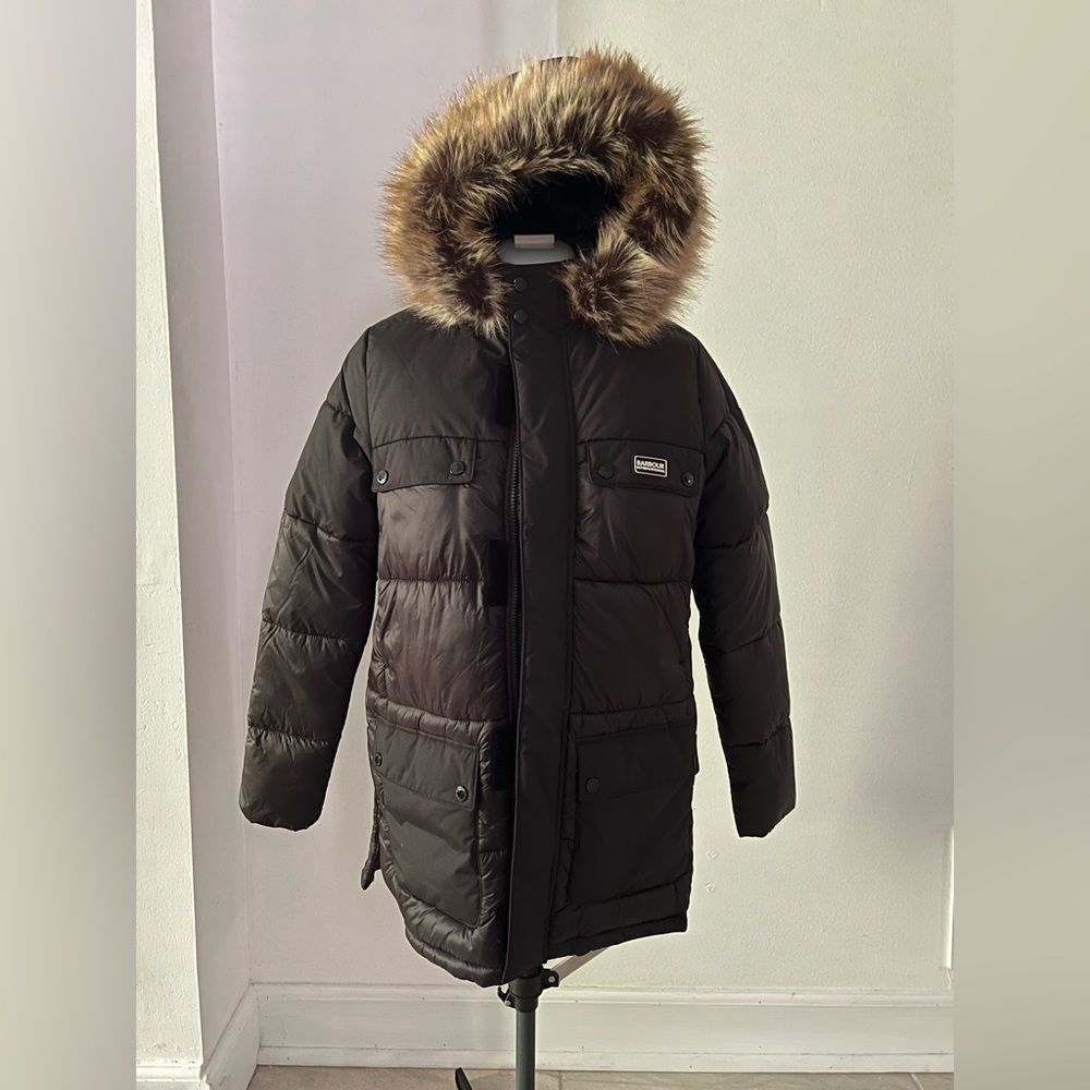 Barbour Black Puffer Jacket with Faux Fur Hood BOY XXL